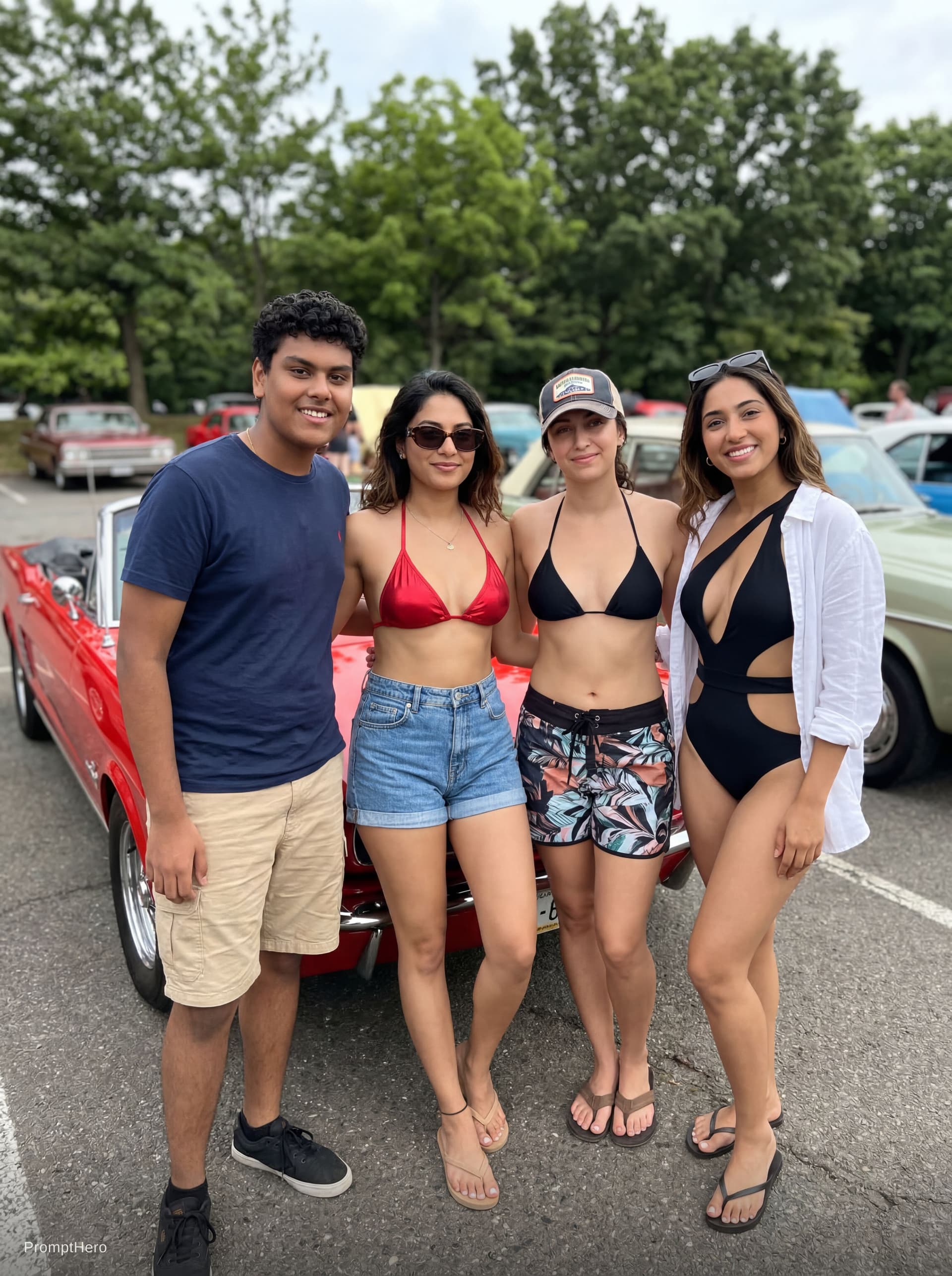 AI generated: The man in the reference is standing with car and 3 sexy full shiny bikini girls standing with his a...