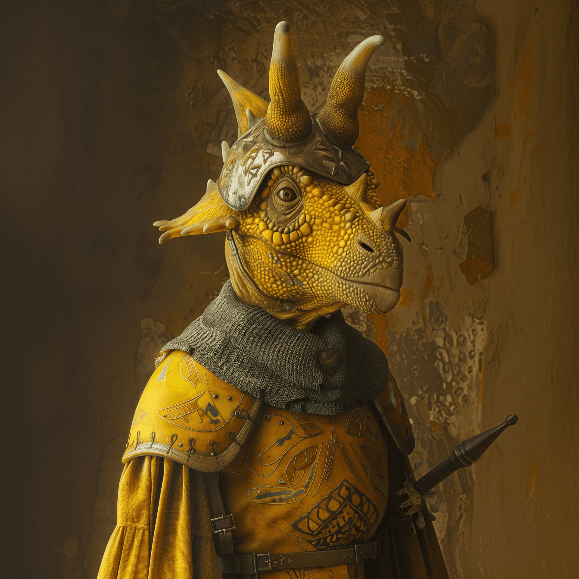 AI generated: yellow dinosaur wearing mid european ancient helmet and armour, war background, 8k, 3d render, in th...