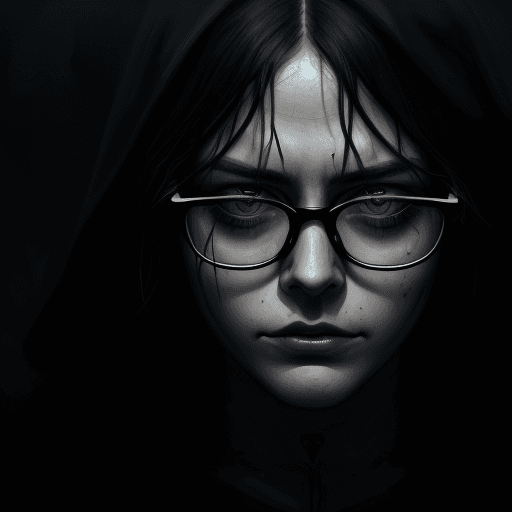 AI generated: digital wallpaper portrait of an anonymous, gentle face with black glasses, gloomy background, horro...