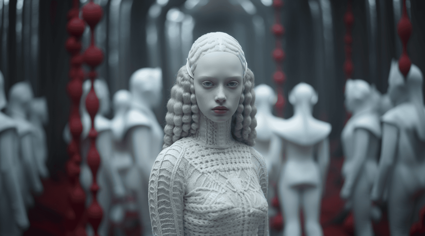 AI generated: a porcelain doll and several white white white in a foggy forest