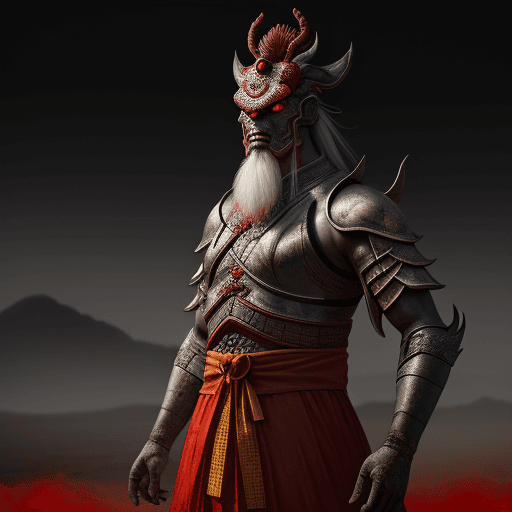 AI generated: Chinese mythological character Pangu looks at the enemy, standing after the battle, his face full of...
