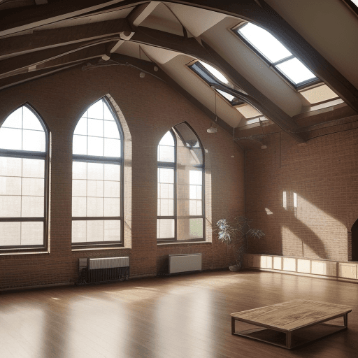 AI generated: 
large living room, empty, loft style, high vaulted ceilings, exposed brick, dreamy, floor to ceilin...