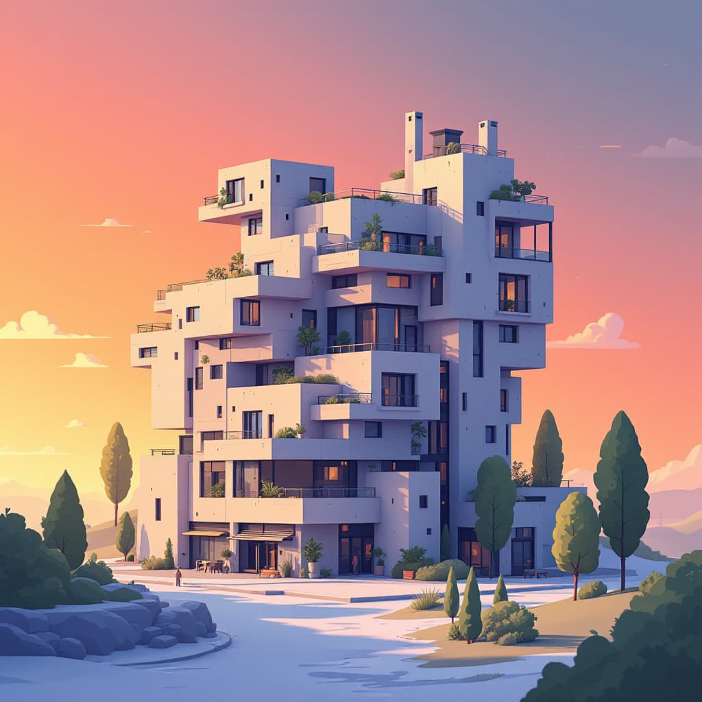 AI generated: Generate a animation style of habitat 67 building in canada
