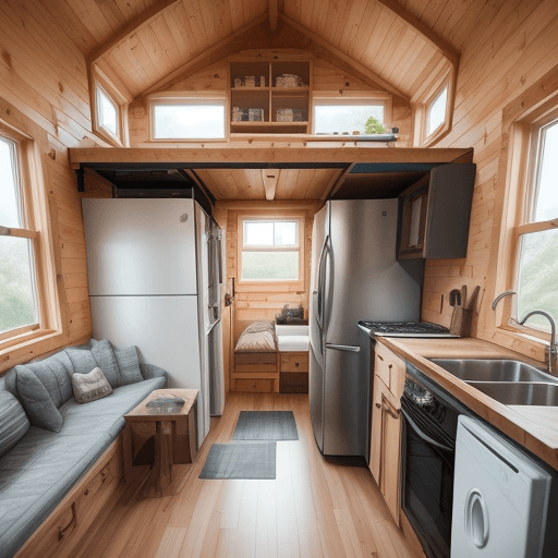 AI generated: 19 feet by 19 feet square tiny home, plush interior, awesome kitchen, washer annd dryer, full view i...