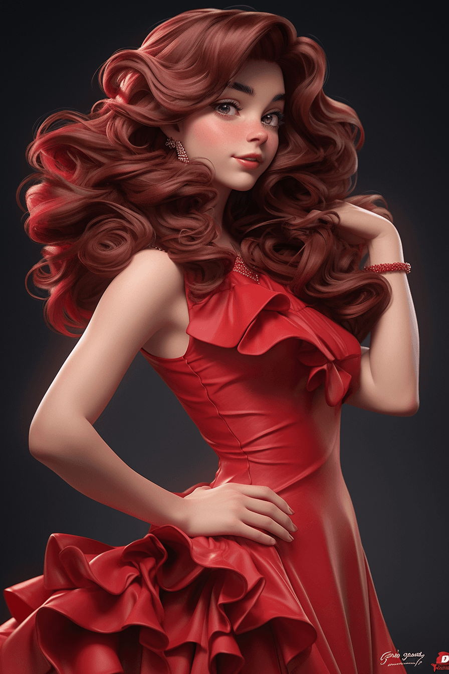 AI generated: A cute 16 year-old elegant and sophisticated girl, with long wavy red hair, round face, high cheekbo...
