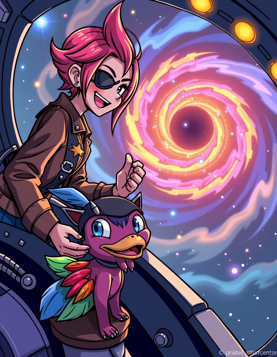AI generated: Prompt 10 von 10: "Captain Kiki (vibrant pink hair, cybernetic eye patch, brown leather jacket) and ...