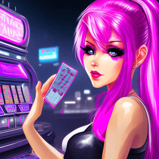 AI generated: Photo a beautiful cyberpank girl, playing casino slots in the night city. Halfbody, pink hair, cyber...