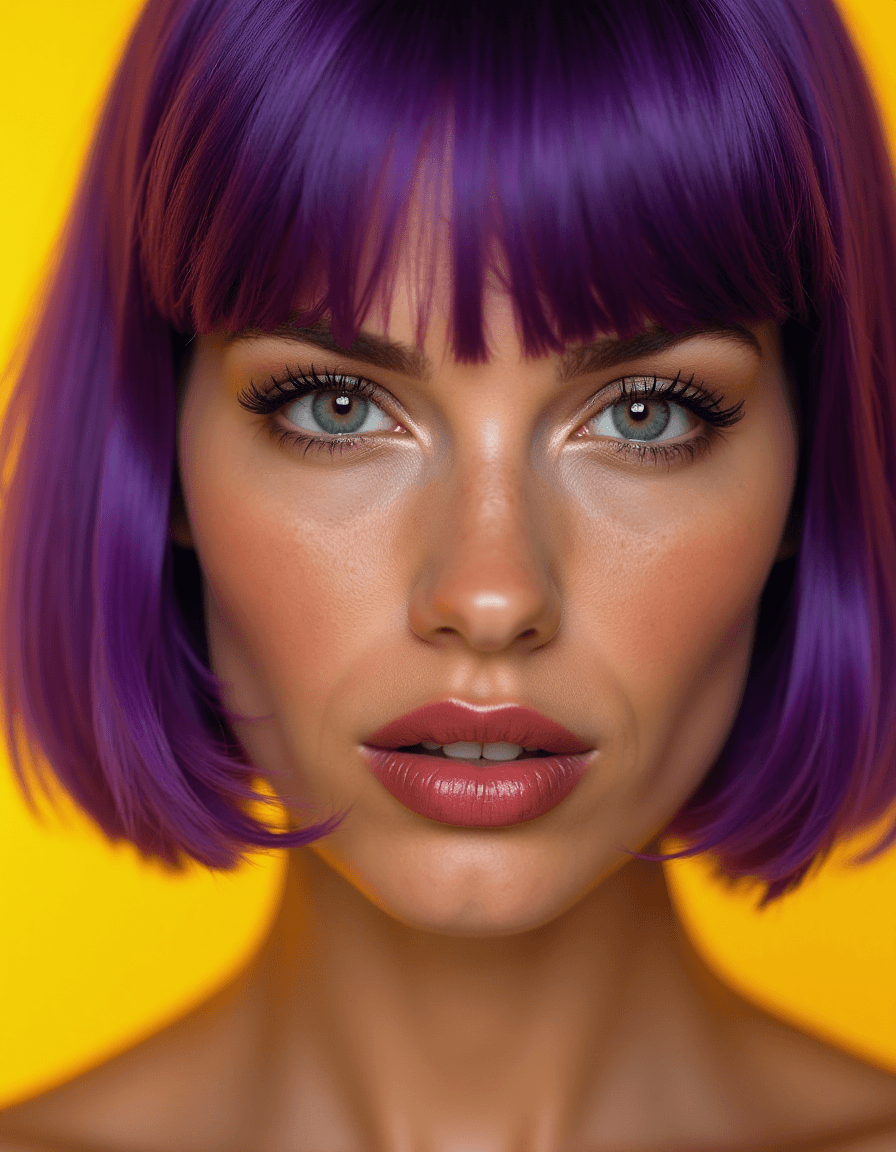 AI generated: Close-up portrait of a woman with vibrant purple hair, natural looking skin tones, minimalist photog...