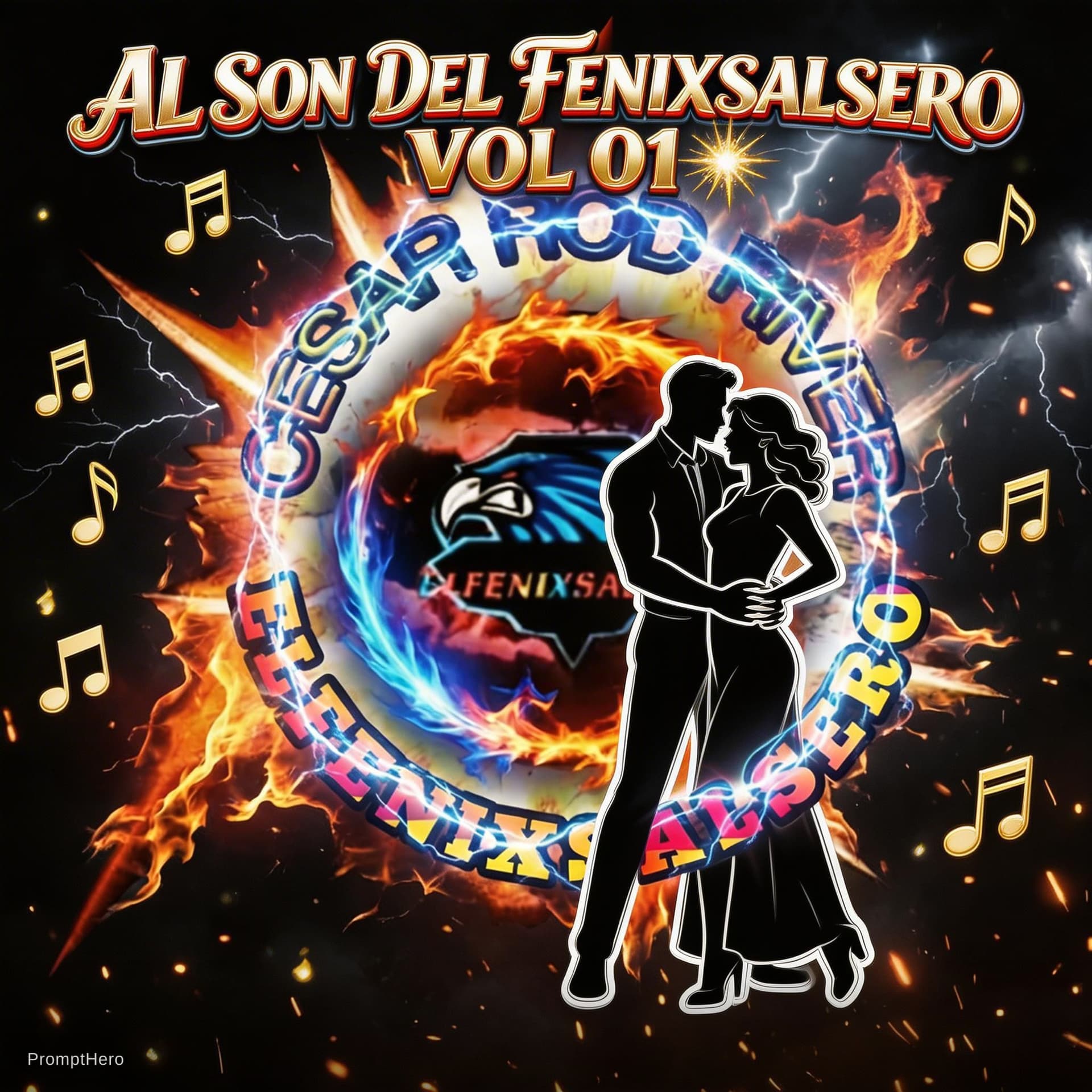 AI generated: diseñar el título "AL SON DEL FENIXSALSERO"," vol 01" arriba del logotipo,en dorado con rojo cromado...
