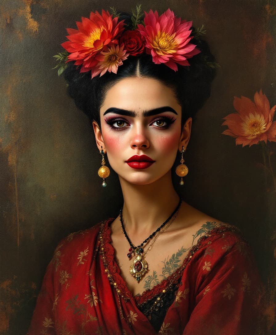 AI generated: a painting of a Frida Cahlo with make up of Catrina, in the style of disney animation, pre-world war...