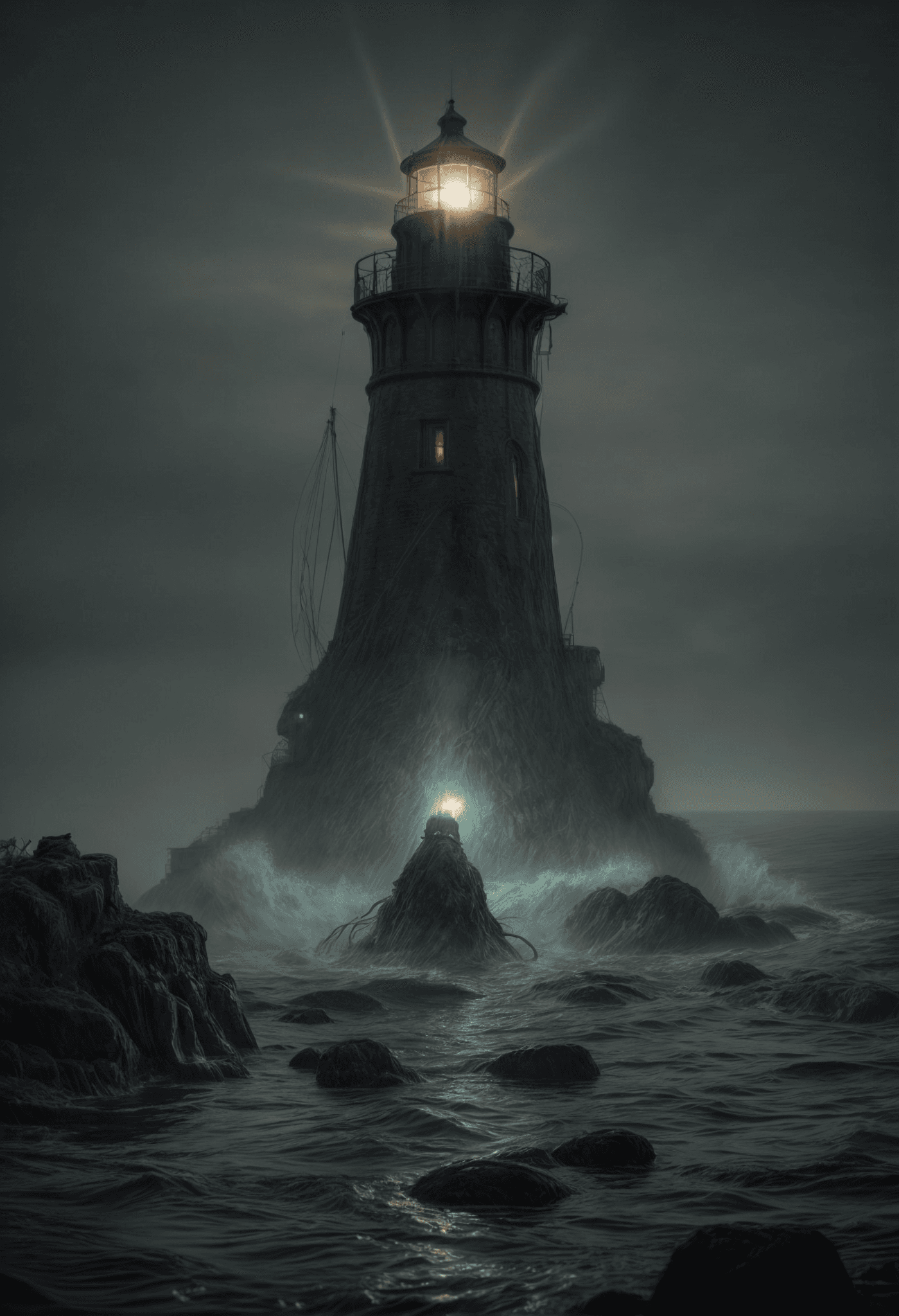 AI generated:  By H.P. Lovecraft,slimy monster at A lighthouse, its beam revealing stories in the mist.a creepy mo...