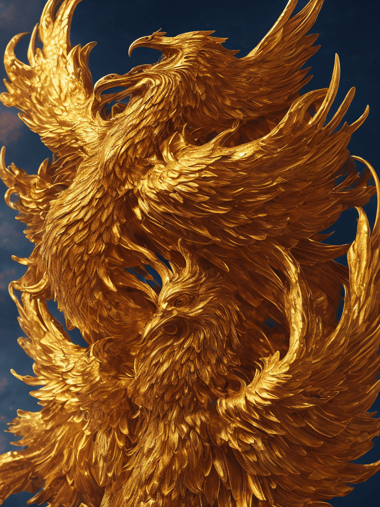 AI generated: A majestic phoenix with vibrant plumage, its fiery wings spread wide, golden feathers illuminating a...