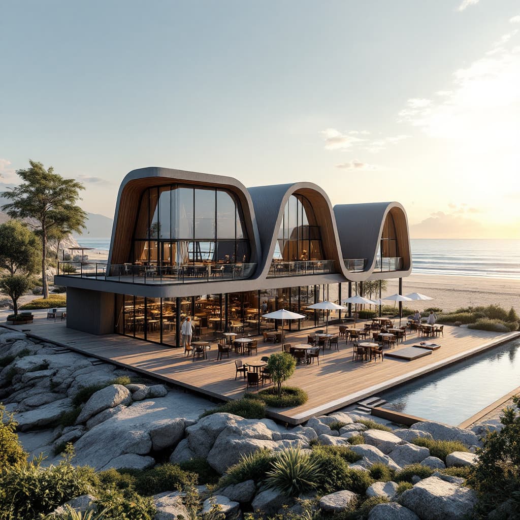 AI generated: Exterior angle Orthographic View of  modern Cafe comes restaurant with 3 built structure in Cery, Be...