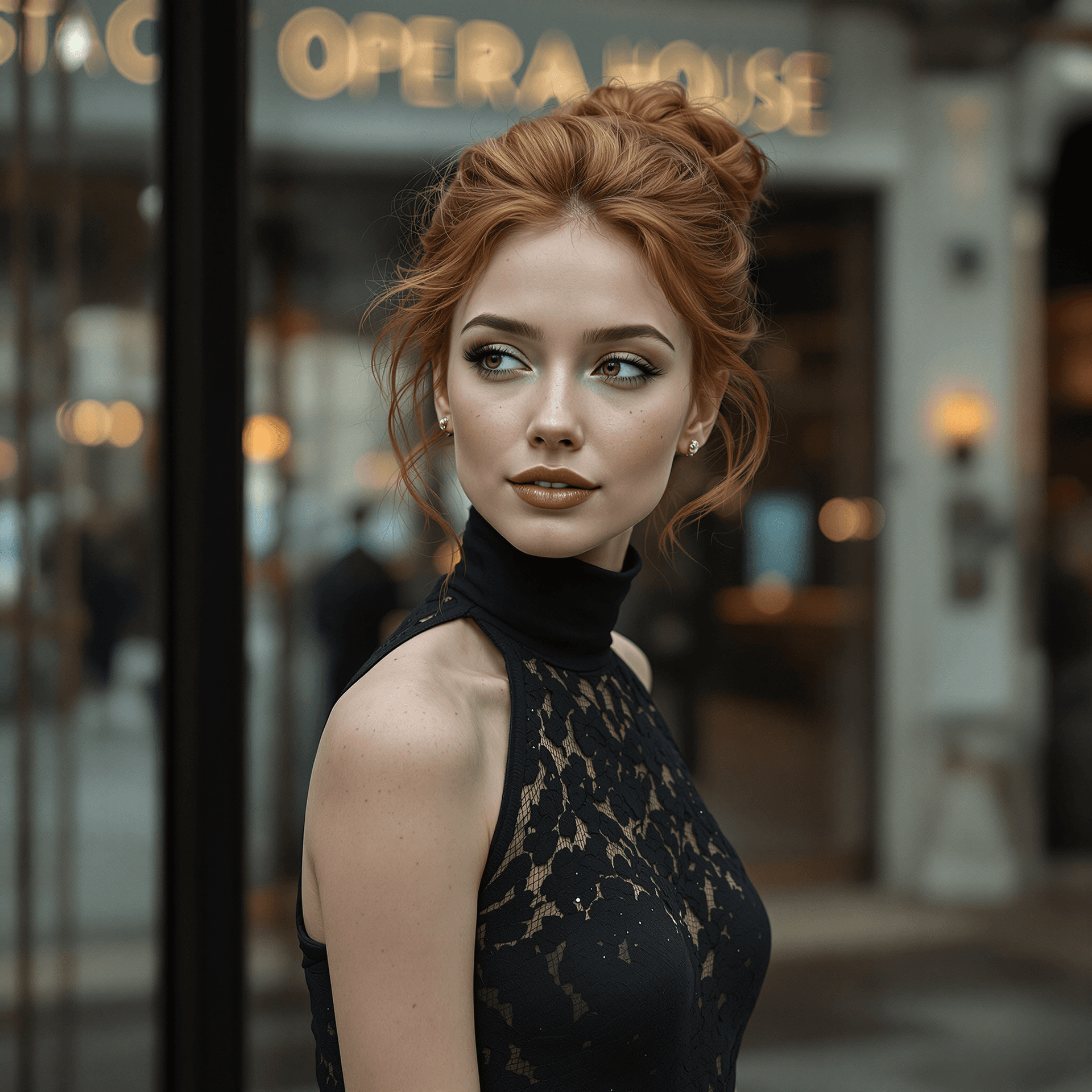 AI generated: "High-resolution photograph of a slim, 30-year-old redheaded European woman, radiating a shy yet all...