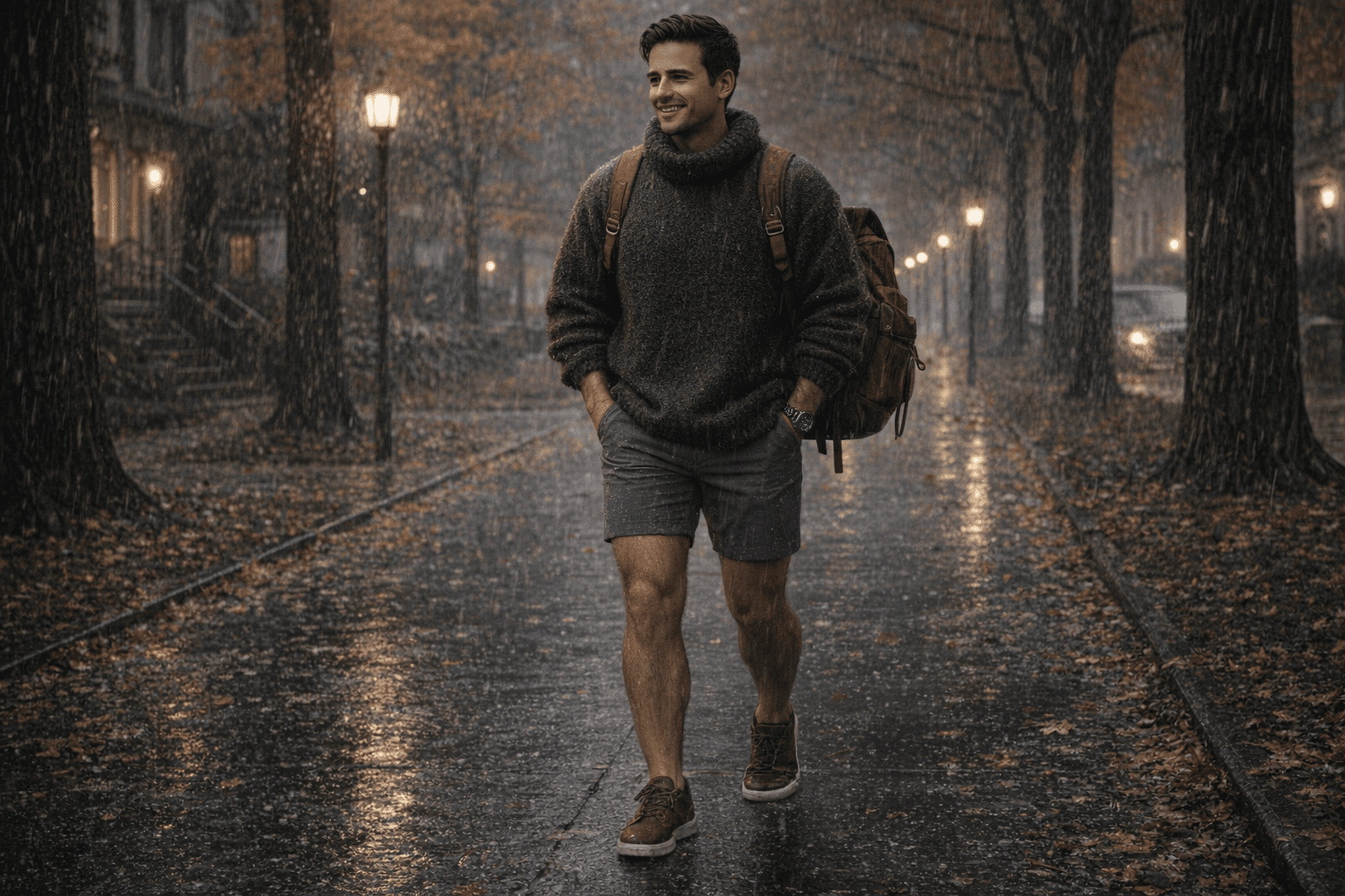 AI generated: In a cold night in the beginning of Autumn. 
The model is walking on the sidewalk in a very nice nei...