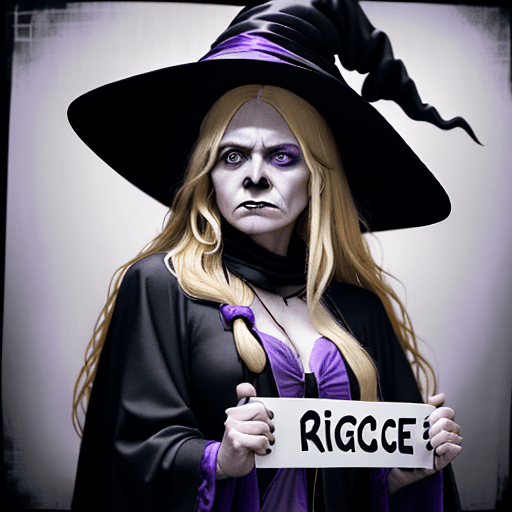 AI generated: A surprised woman with long blonde hair dressed as a witch with a hat, wearing a black robe with an ...