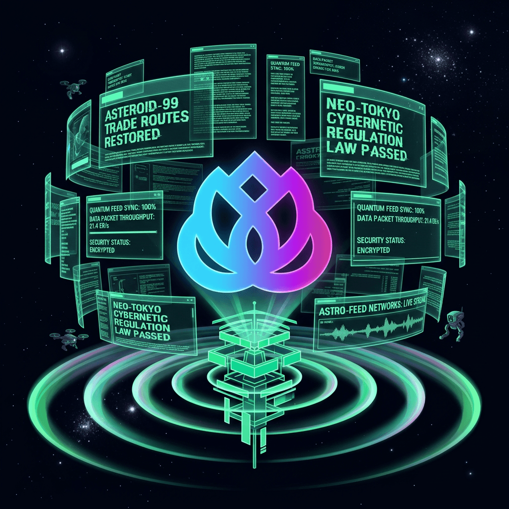 AI generated: Futuristic holographic newspaper and news feed floating in space,
  multiple transparent screens sho...
