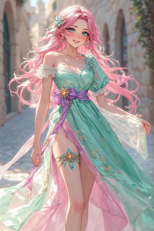 AI generated: anime art of 1 girl, 18 years old, joyful smile, teal eyes, walking in Jerusalem. Hairstyle
Her hai...