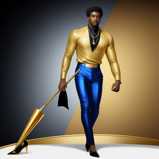 AI generated: A graphic of a standing blackman cradling a huge pencil dressed in a gold shirt with blue pants and ...