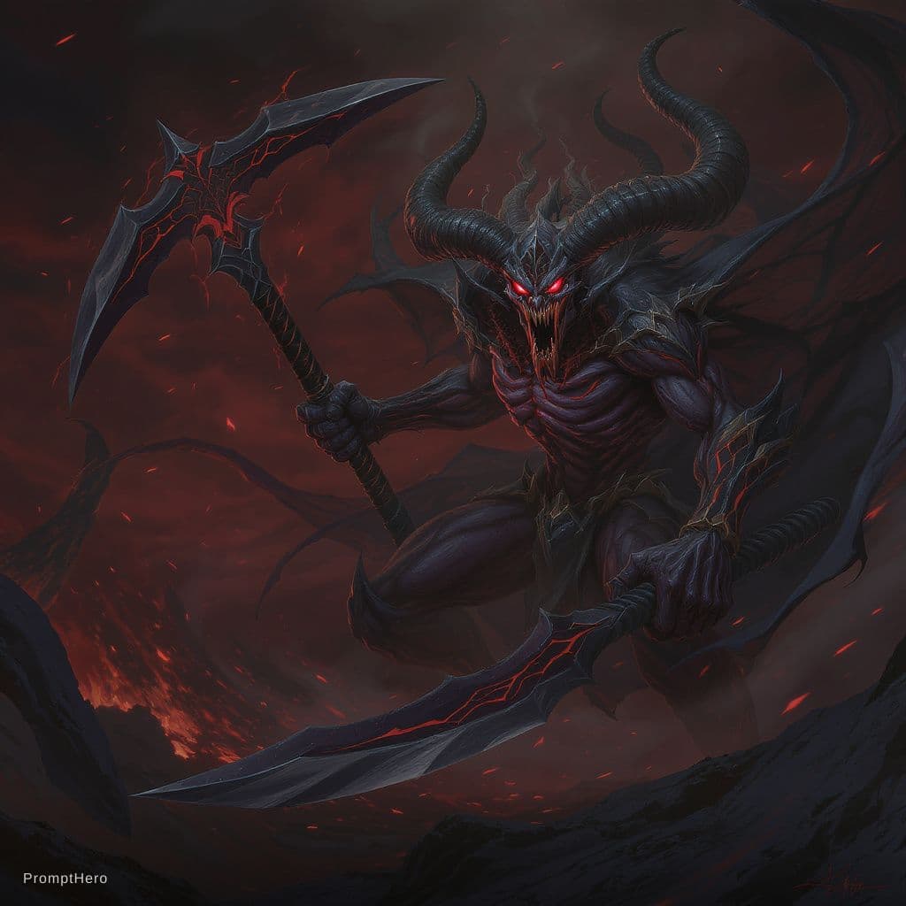 AI generated: Dark and demonic being with three eyes wielding a Chinese halberd 