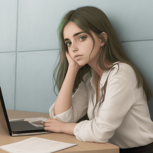 AI generated: una joven, castaña, ojos verdes, mira la pantalla del ordenador abrumada en su casa. Al fondo, encim...