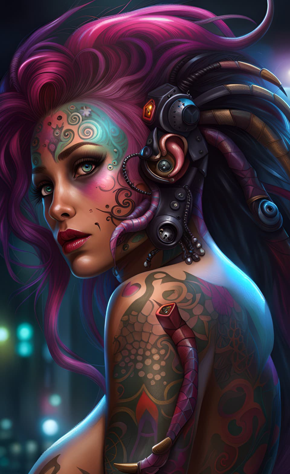 AI generated: Futuristic cyberpunk android female portrait, vivid tattoos, ethereal, ultra realistic, hyper detail...