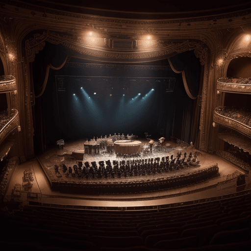AI generated: High resolution photography musical background, full orchestra in action, in the theater, bright coz...