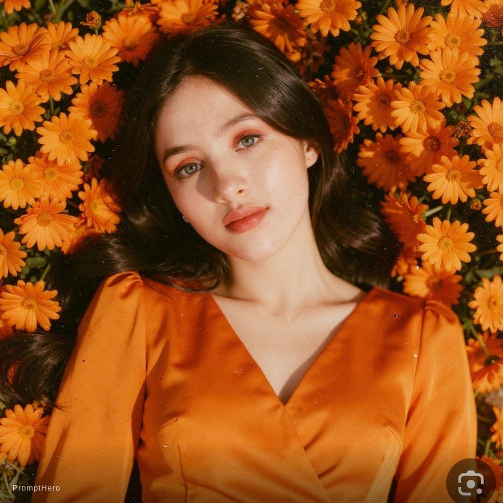 AI generated: Kodak disposable photography of beautiful fashion model with orange dress, laying on orange flower b...