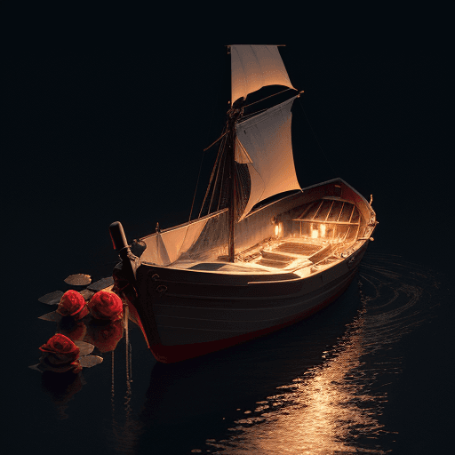 AI generated: A rose ln a boat floating in he'll, aspects of love and pain, fire, but also love