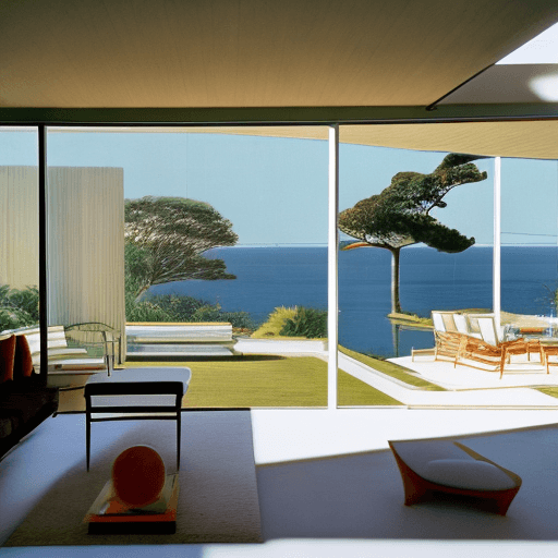 AI generated: Hyper realistic eye level exterior photo of a mid century modern style house overlooking the ocean, ...