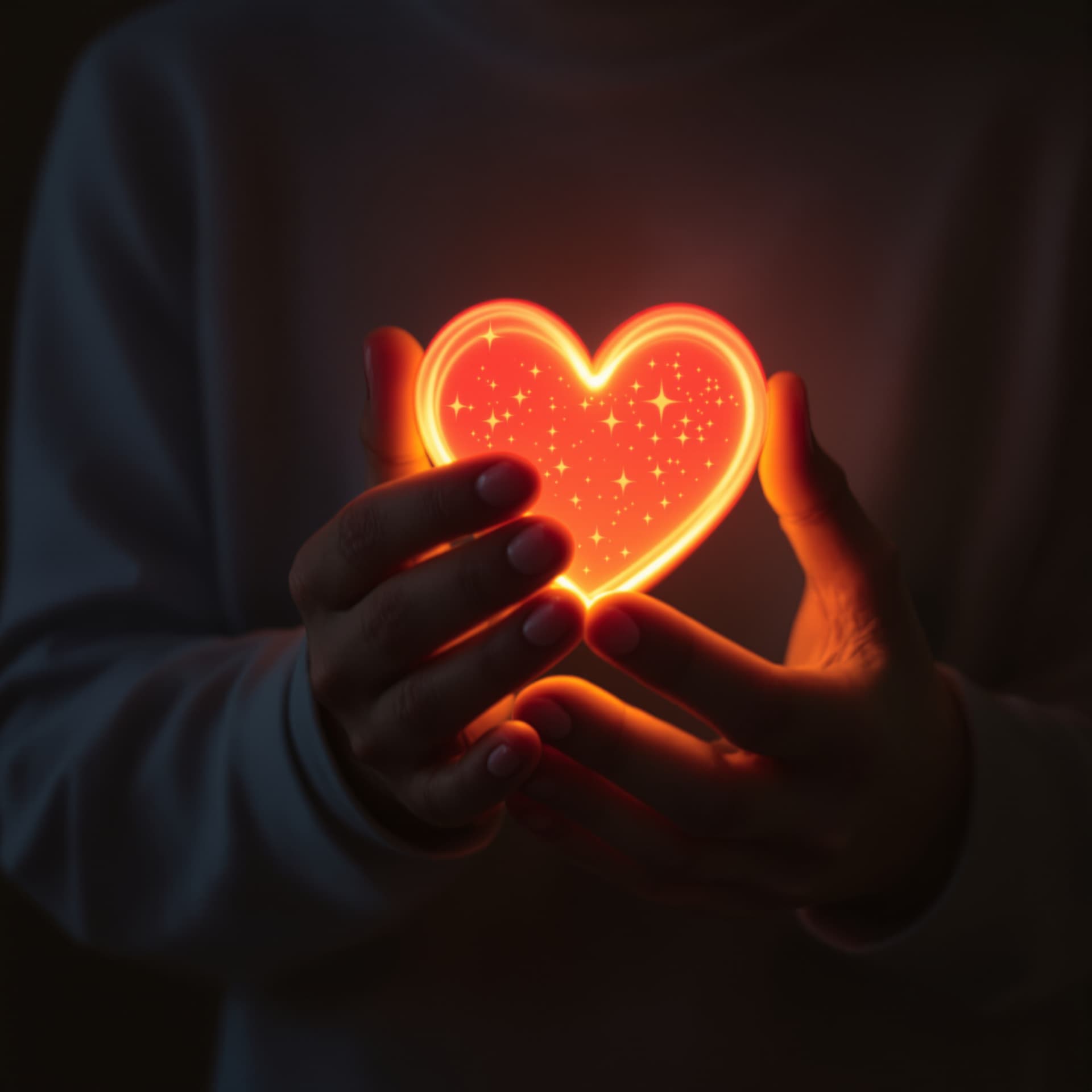 AI generated: person holding glowing instagram like heart icon close to chest, emotional warm light, soft cinemati...
