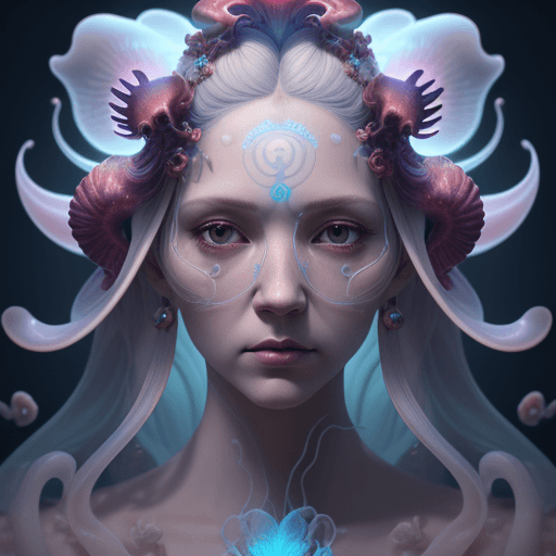 AI generated: Goddess close-up portrait ribcagel. jellyfish phoenix head, nautilus, orchid, skull, betta fish, bio...