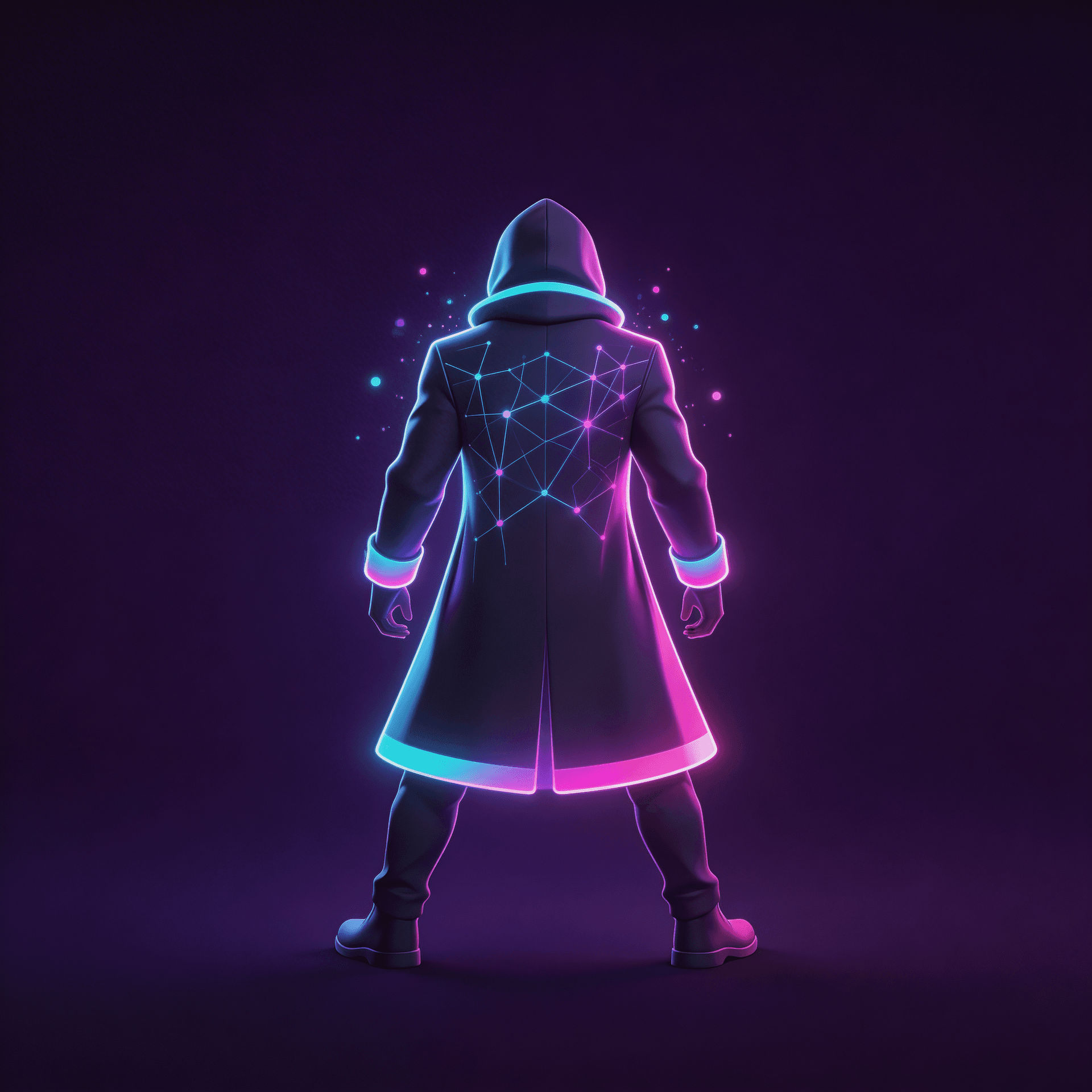 AI generated: single futuristic character seen from behind, full body, standing confident 
wide stance, wearing el...