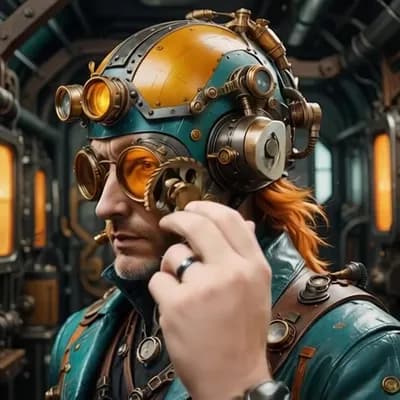 AI generated video: hombre se toca   los engranajes y mecanismos del casco que tienen movimiento