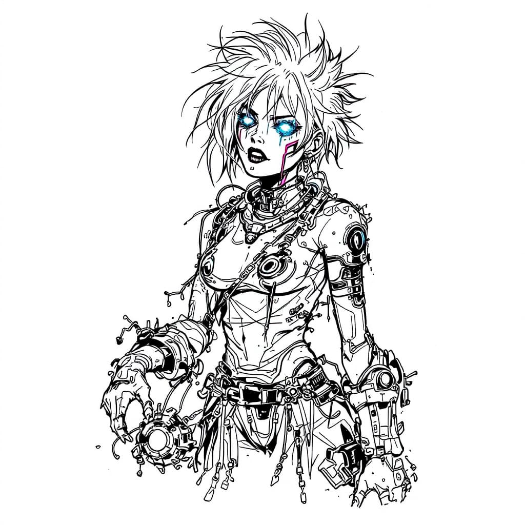 AI generated: Create an intricate sketch of a cyborg character, heavily influenced by punk rock aesthetics. The cy...