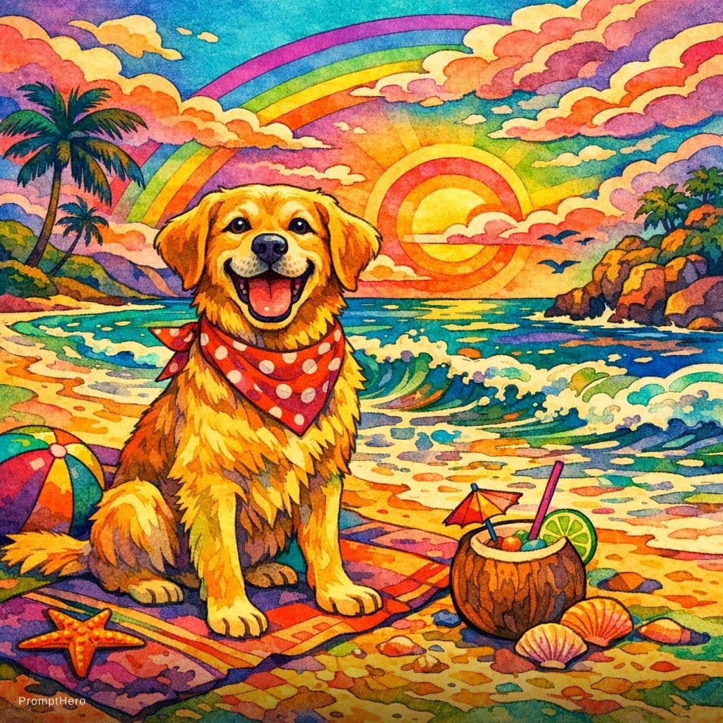 AI generated: UI retro illustration,happy dog,on baech
,psychedelic watercolor,vibrant color palette,Tertiary Colo...