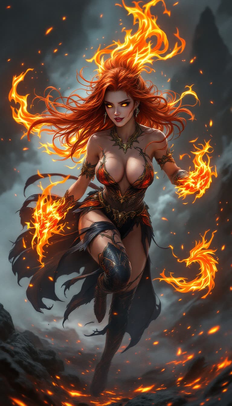 AI generated: The Phoenix Flame Dancer: A powerful and passionate warrior with long, flowing, vibrant red hair tha...