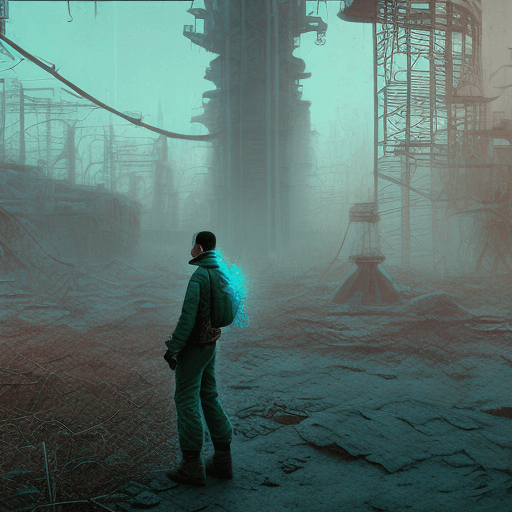 AI generated: a beautiful highly detailed matte painting of stalker standing next to an anomaly in Chernobyl by Jo...