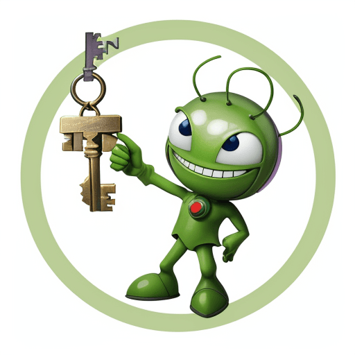 AI generated: A green Martian holding a key to an apartment. Martian smiling. The background is white. Near flies ...