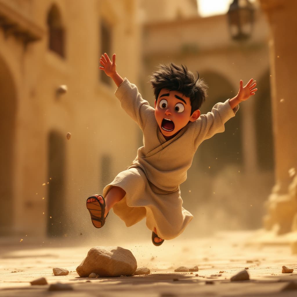 AI generated: Medium shot of a Middle Eastern boy in mid-fall after tripping on a small stone. His left foot is sn...