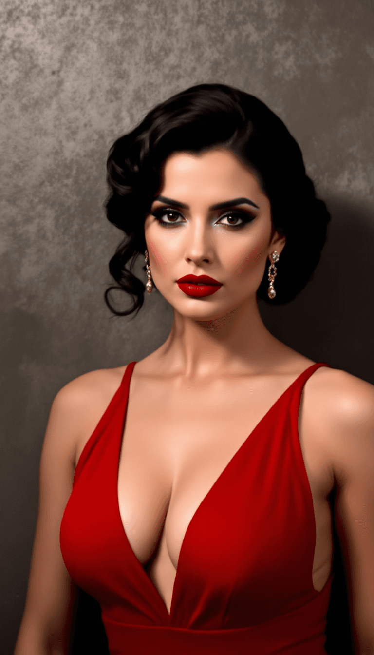 AI generated: A woman with dark hair in an elegant updo, wearing a red deep V-neck gown, bold red lipstick, and da...