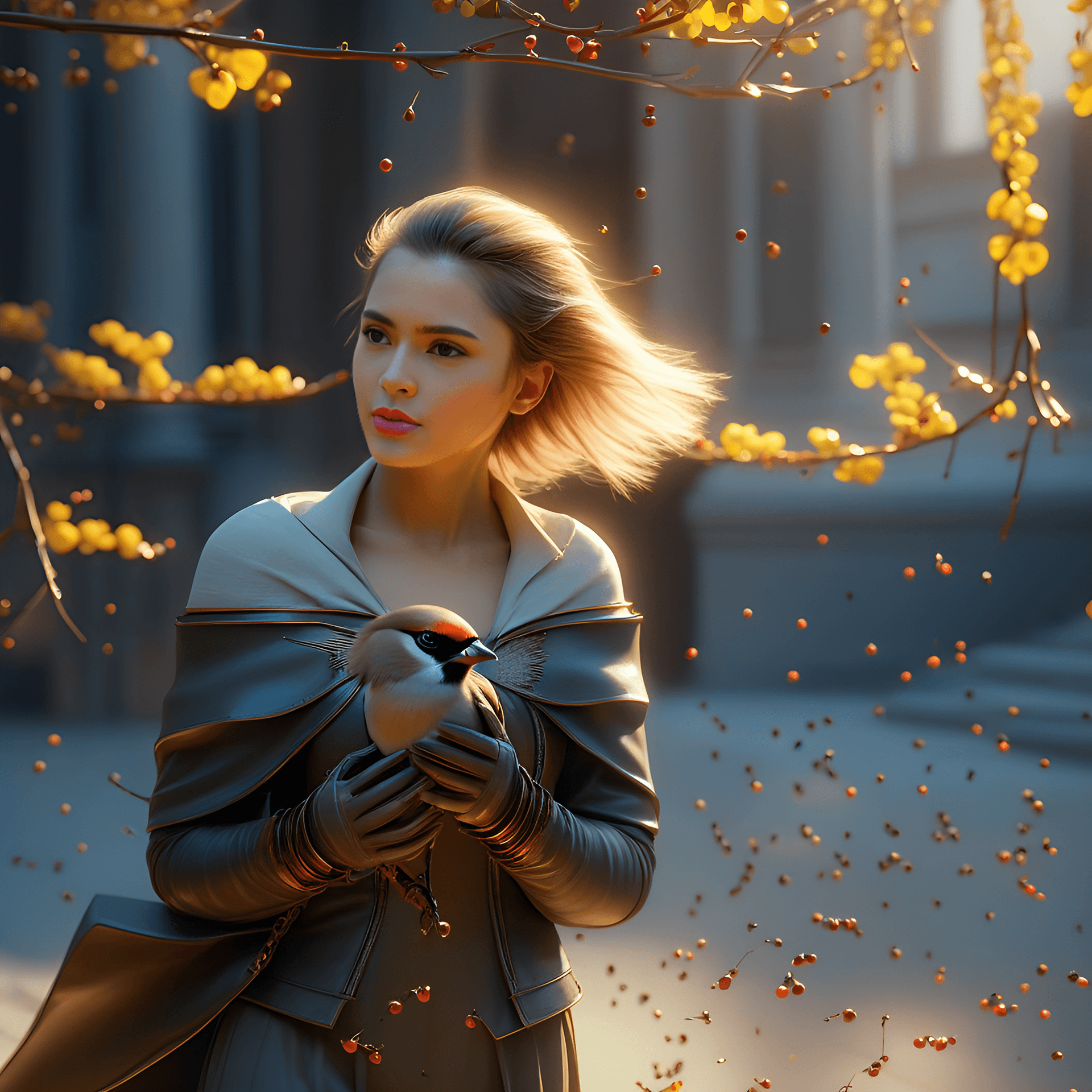 AI generated: Alphonse Much and Guweiz Intricate details:: very realistic Waxwing, photorealistic photo young fema...