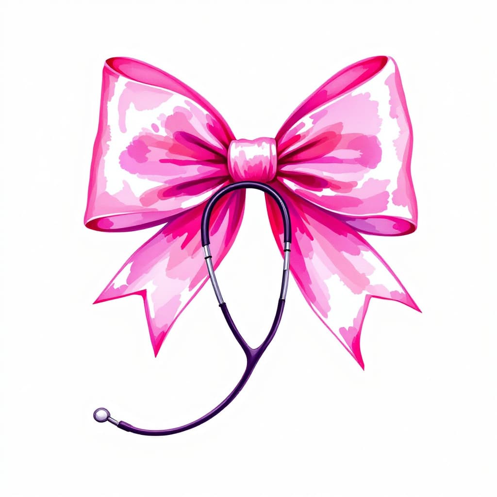 AI generated: watercolor style create a pink bow with a stethoscope
