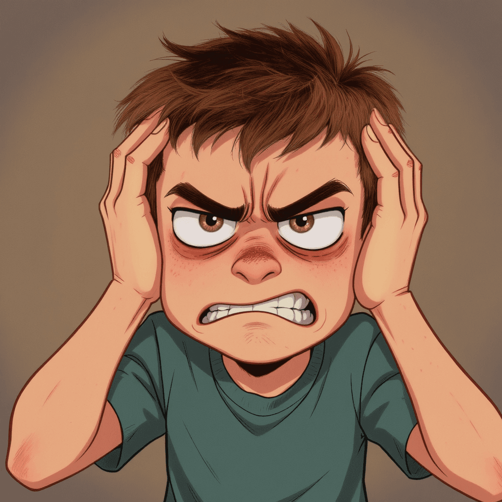 AI generated: cartoon. close up shot. 14 year old boy. short brown hair and brown eyes. angry and upset. pushing f...