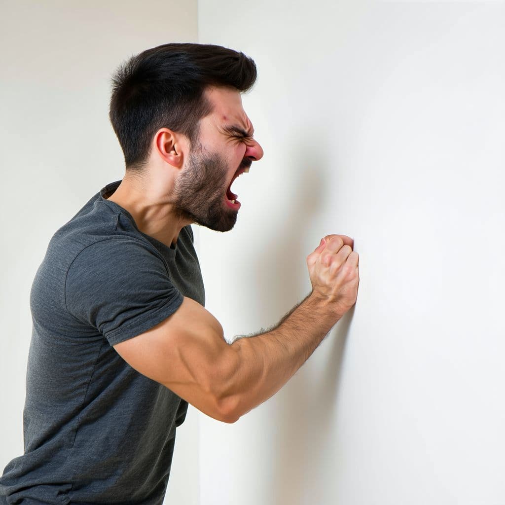AI generated: A man, in side profile view, angrily hitting the wall with his right hand. His face shows intense ra...