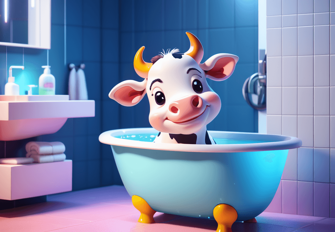 AI generated: a tiny cute ((smiling)) cow in a bathtube in a bathroom, cold blue lighting, pastel colors, skottie ...
