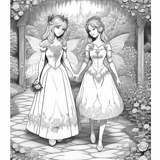 AI generated: Garden coloring page, a fairy and a princess walking in the magic garden, with a beautiful rose in t...
