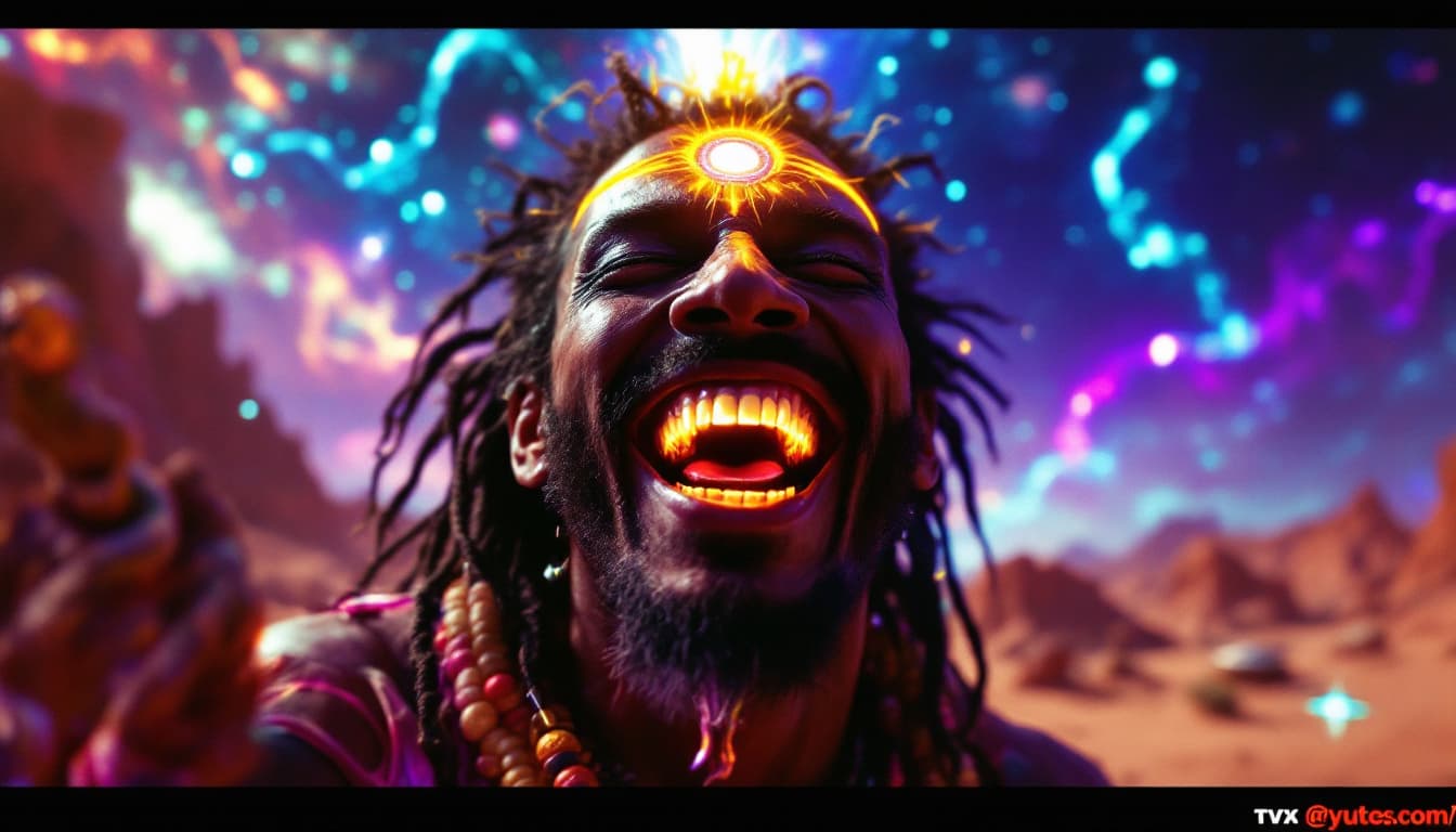 AI generated: "Close-up of a shaman with third eye glowing, laughing with autotune distortion effect, surrounded b...