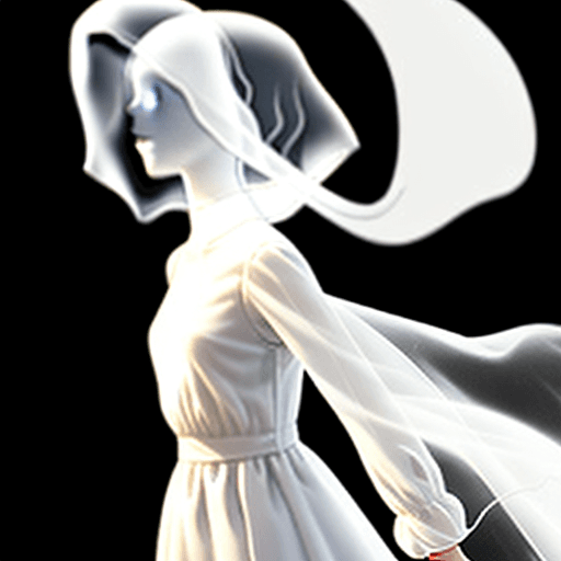 AI generated: A photo realistic girl in a white dress (facing away from the viewer), touching a translucent friend...