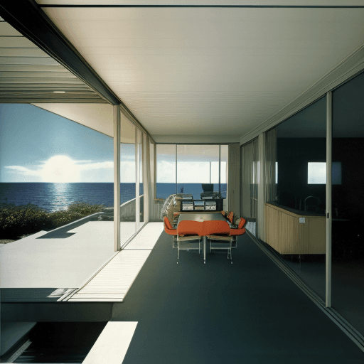 AI generated: Hyper realistic eye level exterior photo of a mid century modern style house overlooking the ocean, ...